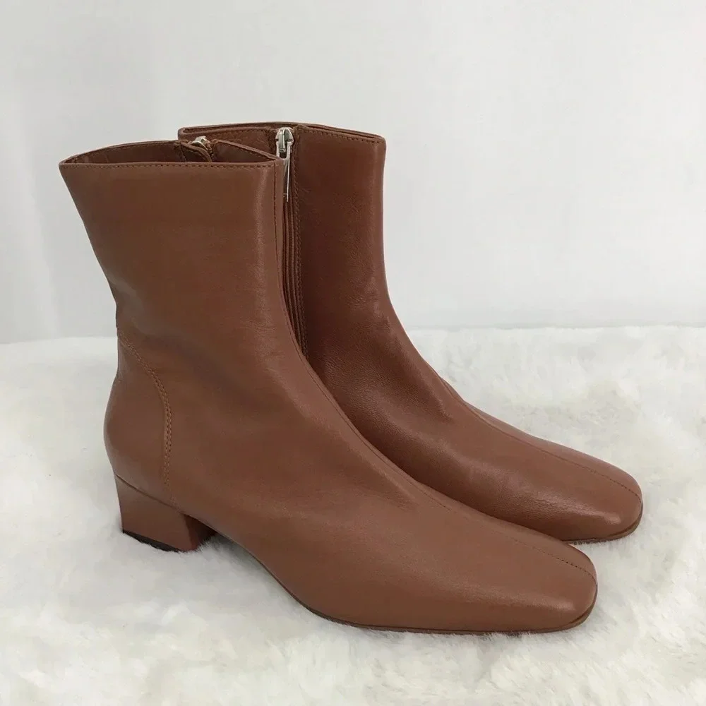 Aquatalia NWOT Selina Square Toe Leather Ankle Boots Cognac Size 8.5